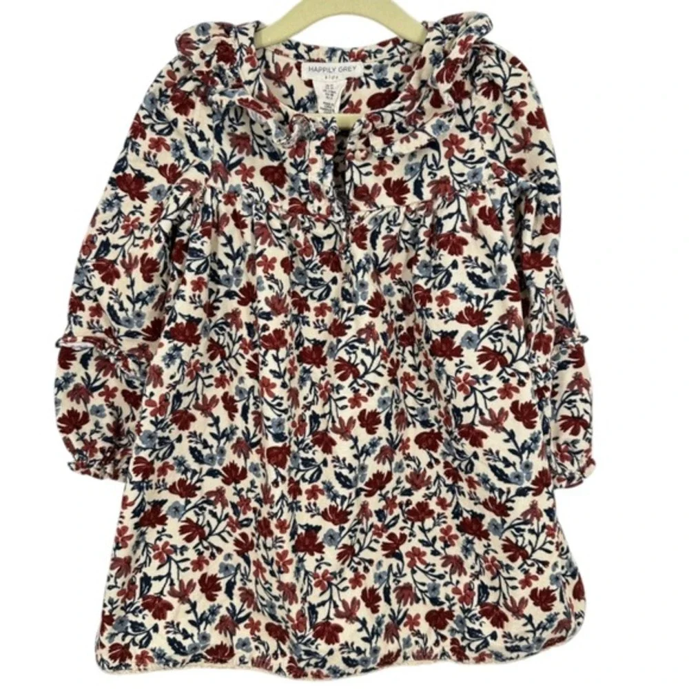 Happily Grey Girls Size 3T Dress Fall Floral Corduroy Ruffle Neck Long Sleeve